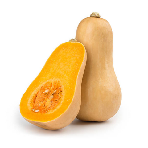 A whole butternut squash with one whole squash and one half-cut squash showing the orange flesh and seeded texture.