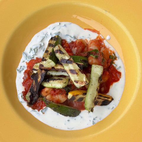 Roasted Zucchini on a bed of Tomato & Beans 