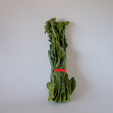 Bunch of green leafy vegetables tied with a red band on a white background
