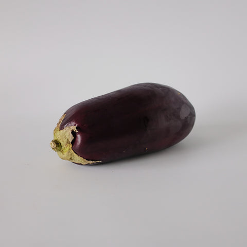 Single eggplant on a light gray background