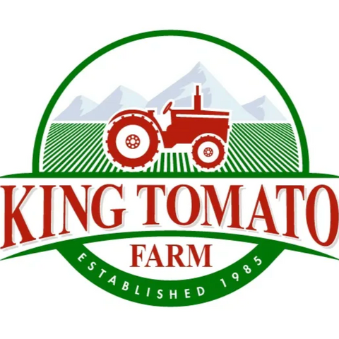 Logo of King Tomato Farm with a tractor and fields on a white background