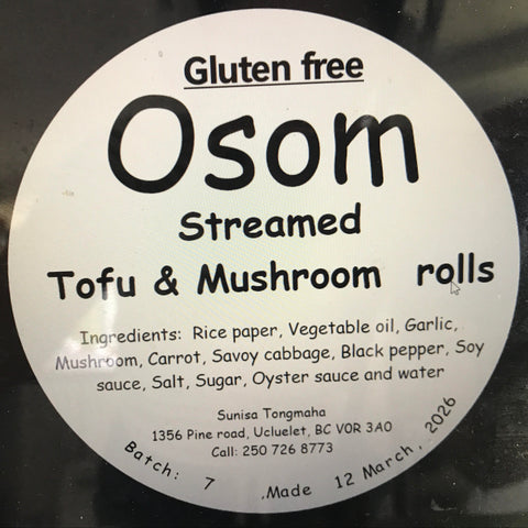 Label for Osom Streamed Tofu & Mushroom rolls on a black background