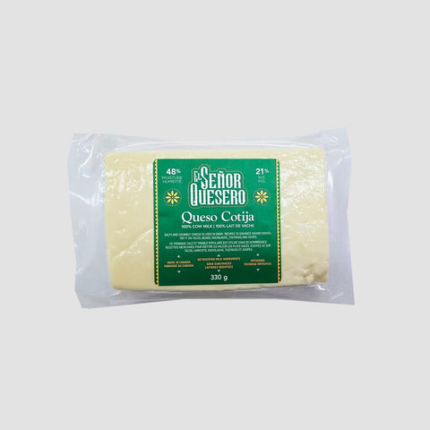 Packaged cheese with a green label on a white background