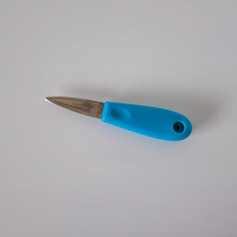 Blue-handled knife on a gray background