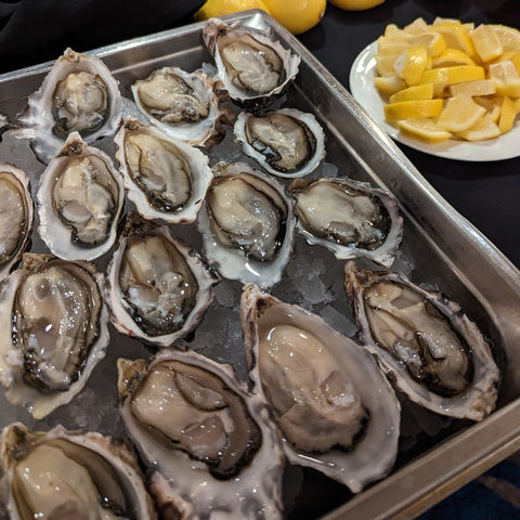 oysters on ice with lemon slices