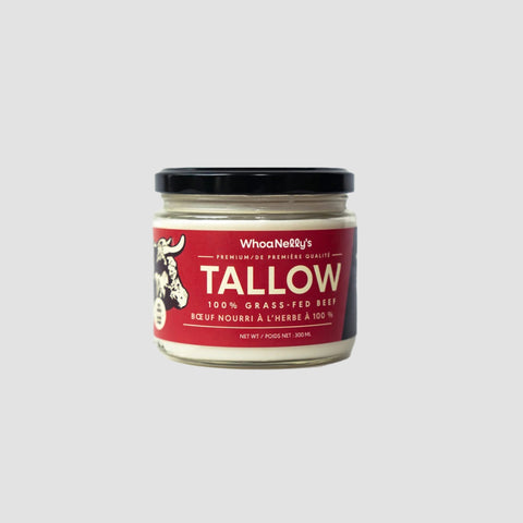 Jar of Whoa Nelly's Tallow on a gray background