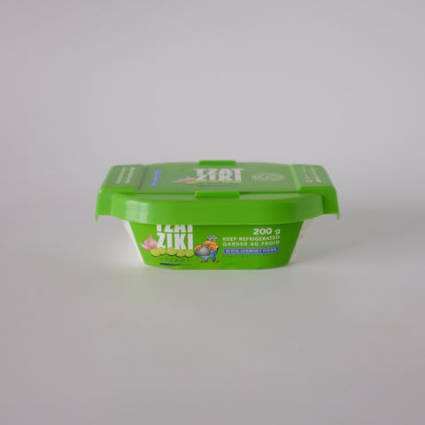Green yogurt container with 'Liki Ziki' branding on a gray background